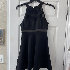 Black Sleeveless A-line Halter Mini Dress with Mesh Panels Size Medium